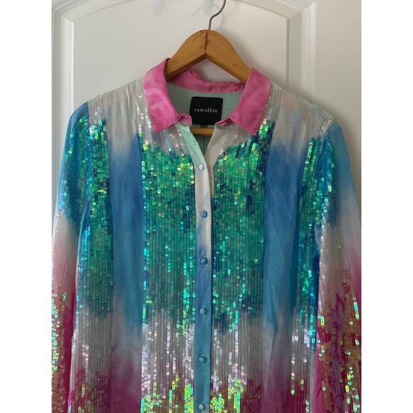 Retrofête Pastel Rainbow Sequin Dessa Maxi Dress XS Long Sleeve Button Front - Picture 7 of 13